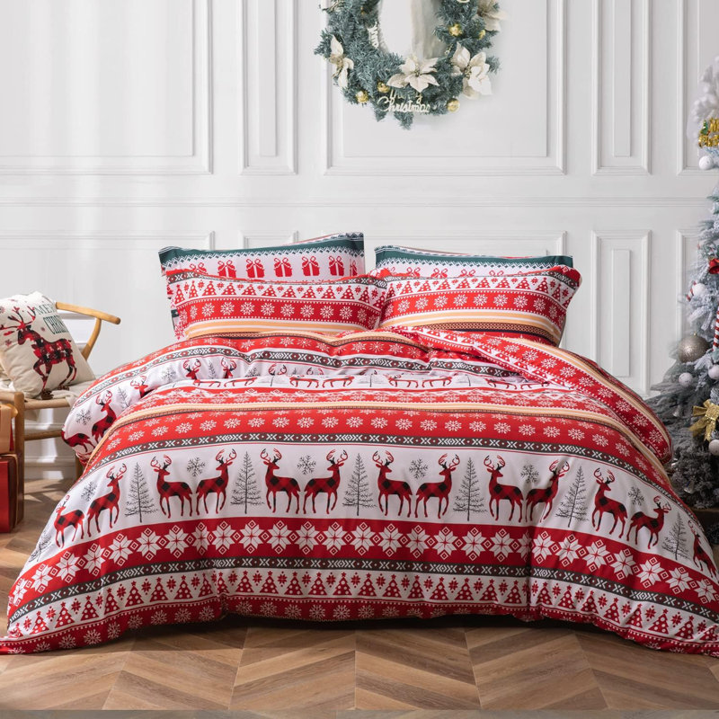 Deer Snowflake Lightweight Microfiber Christmas Duvet Cover Set 3 Pieces Queen Duvet Cover 2 Queen Pillow Shams
